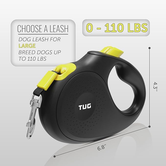 TUG 360° Tangle-Free Retractable Dog Leash | 16 ft Strong Nylon Tape (Large, Black/Yellow)