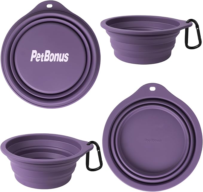 PetBonus 2-Pack Large Silicone Collapsible Dog Bowls, 34oz/1000ml BPA Free Portable Foldable Travel Bowl for Pet Cat, Food Water Feeding Dish for Camping with 2 Carabiners (Black, Dark Purple)