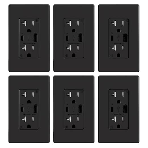 ELEGRP USB Charger Wall Outlet, USB Receptacle with Type A & Type C USB Ports, 20 Amp Duplex Tamper Resistant Receptacle Plug, Wall Plate Included, UL Listed (6 Pack, Matte Black)