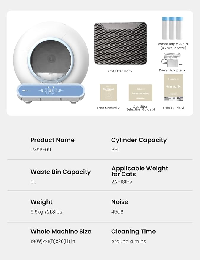 Self Cleaning Litter Box, Integrated Safety Automatic Cat Litter Box Self Cleaning 65L+9L for Multiple Cats, App Control, Odor Removal, Includes Mat & Liner (3 Rolls) - Blue