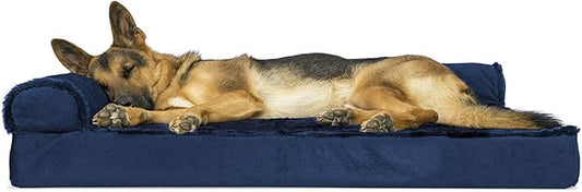 Furhaven Orthopedic Dog Bed for Large Dogs w/ Removable Bolsters & Washable Cover, For Dogs Up to 95 lbs - Plush & Velvet L Shaped Chaise - Deep Sapphire, Jumbo/XL