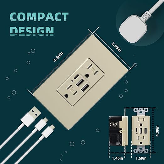 TOPELER USB Wall Outlet, 30W 6.0A USB C Electrical Outlet, 15 Amp Tamper-Resistant Receptacle Plug, Charging Power Outlet with USB-A&C Ports, UL & FCC Listed, Screwless Wall Plate, Ivory, 2 Pack