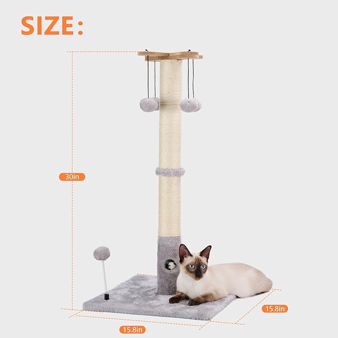 PAWSFANS Cat Scratching Post for Indoor Cats and Kittens,30inches Tall Sisal Scratch Posts with Four Hanging Ball Toys and Reinforce The Stable Base Gray
