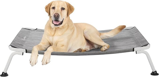 Veehoo Elevated Dog Bed for Outdoor, Cooling Waterproof Raised Dog Cots Beds for Large Dogs, Curved Off Ground Pet Hammock Cot Lifted for Outside, up to 85lbs, White Legs, Black Silver 42"