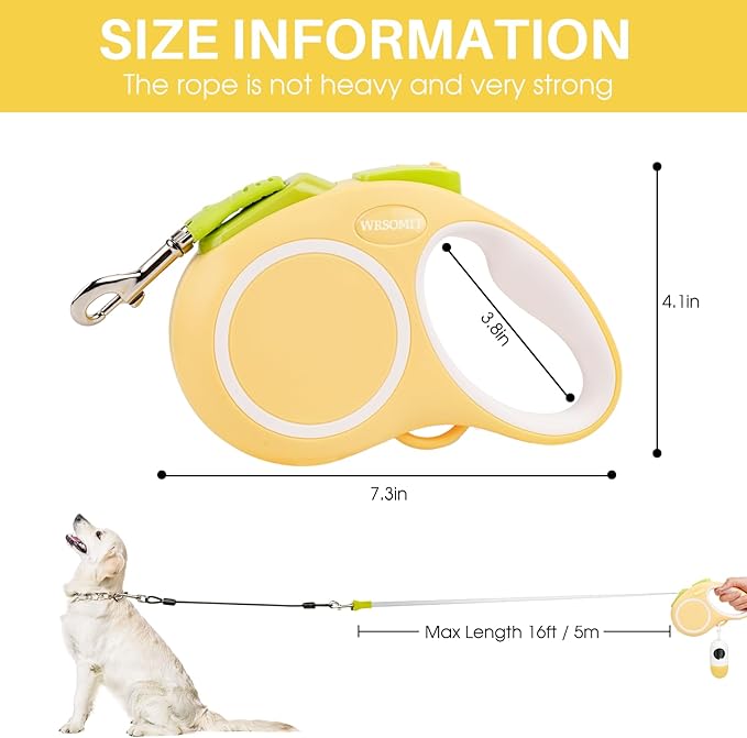 Upgraded Retractable Dog Leash with Chew Proof Cable and Poop Bag Dispenser, 16Ft Heavy Duty Dog Leash for Small Medium Large Dogs up to 120lbs, 360° No Tangle (Yellow)