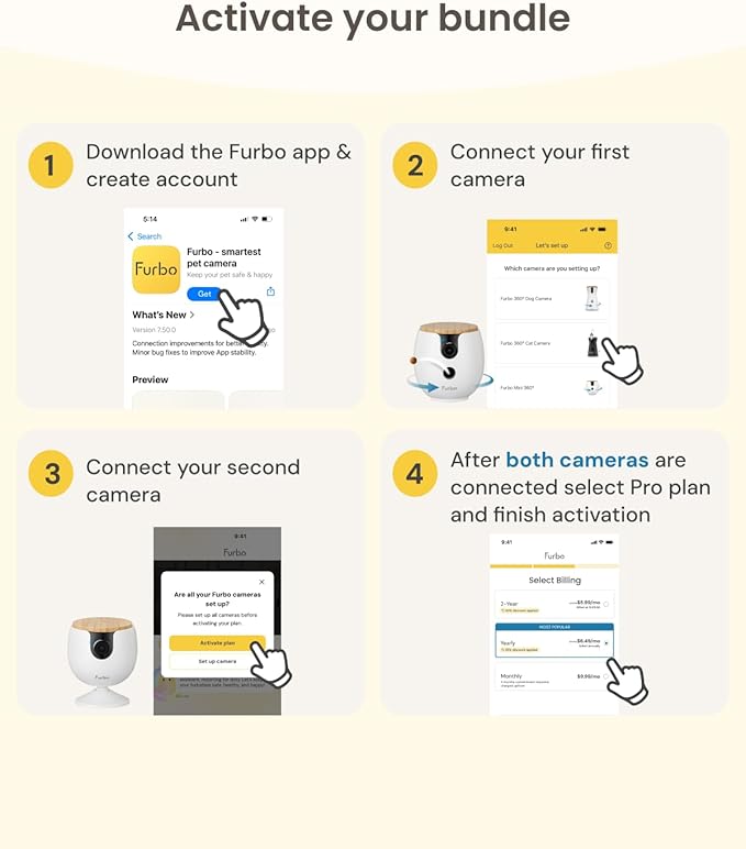 Furbo [New Mini 360° Camera + Mini Cam [New Subscription Required at Setup] (2-Camera Bundle Nanny Pro Subscription): Pet Safety Alerts, Dog & Cat Cameras with Speaker, Phone App & Night Vision