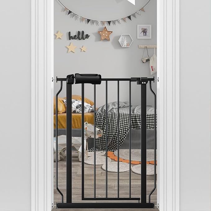 Narrow Baby Gate 24 to 29 Inch Wide Pet Gate Pressure Mounted No Drill Safety Gate Walk Through Metal Child Gate for Kids Stairs or Pets Indoor Black