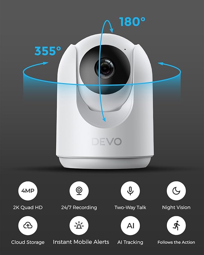 Devo Indoor Smart Cameras for Home Security 2K, 360 Pan-Tilt Human Pet Dog Baby Monitor Camera with Phone App, WiFi Home Camera Motion Detection, Color Night Vision 2-Way Audio, 256GB SD Card & Cloud