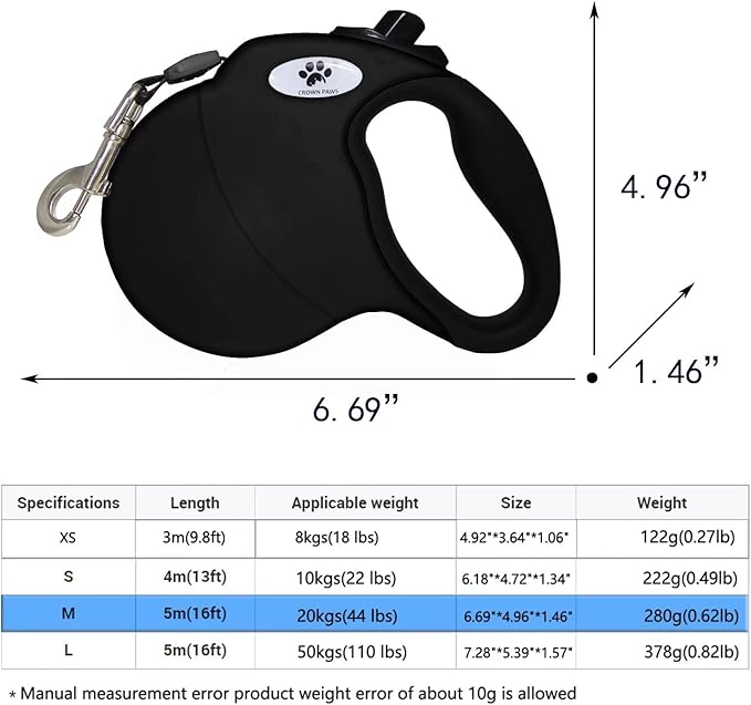 16ft Retractable Dog Leash for Medium Breed Dogs up to 44 lbs with a Detachable Chew Proof Extender Wire Ropes (Black M)