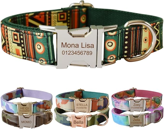 Custom Dog Collar with Metal Buckle - Pet Collars Personalized with Name and Phone Number (Bohemian)