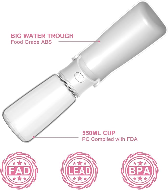 Portable Dog Water Bottle - Foldable Dog Water Dispenser | Leak Proof & Food Grade Plastic Travel | Pet Water Bottle for Cat Outdoor Walking Hiking Travel（US） (White, 19oz)