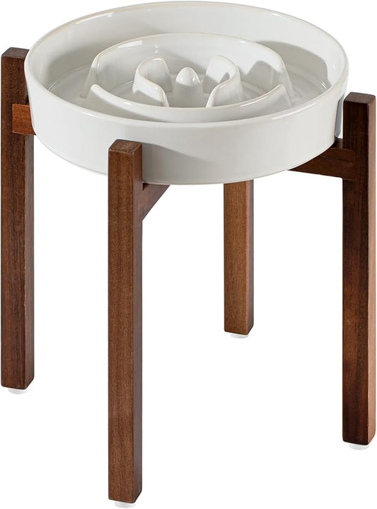 Ceramic 3.2 Cup Raised Slow Feeder Dog Bowl Set, Elevated Acacia Wood Stand for Large Dog, 9.5inch Slow Dish, Preventing Choking(Single Bowl+ Stand, Reactived Glaze -White)