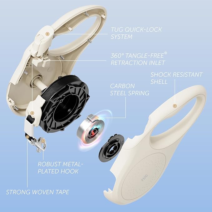 TUG Quest Retractable Dog Leash | 360° Tangle-Free Retraction | 16 ft Strong Nylon Tape (Medium, Cream)