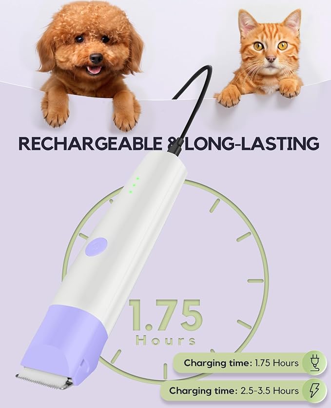 Dog Clippers Grooming Kit, 4 in 1 Quiet Cordless Dog Paw Trimmer & Nail Grinder, Small Cat Clippers Electric Rechargeable Low Noise Pet Shaver for Trimming Hair on Paw Eye Ear Face (Purple)