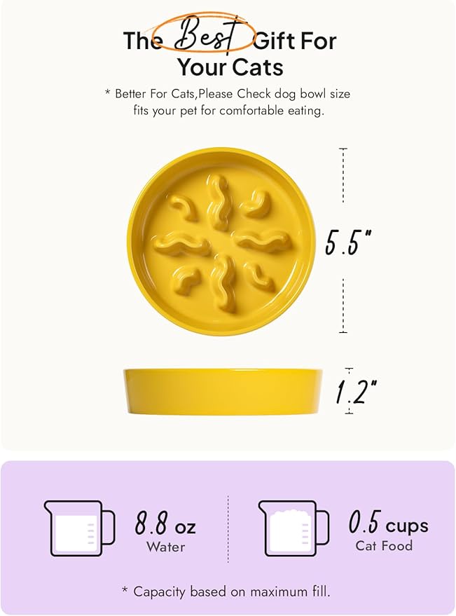 Ceramic Slow Feeder Dog Bowls Small Breed, 0.5 Cups Dog Food Dish for Fast Eaters, Puzzle Bowl for Small Dogs and Cats, 5.5 Inch-Yellow