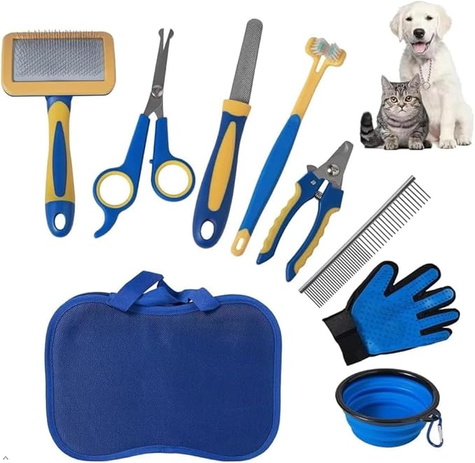 Professional 8-Piece Pet Grooming Kit for Dogs & Cats – Deshedding Brush, Nail Clippers, Scissors, Comb, Grooming,Beauty File,Collapsible Dog Bowls,pet Toothbrush,Glove & Travel Case