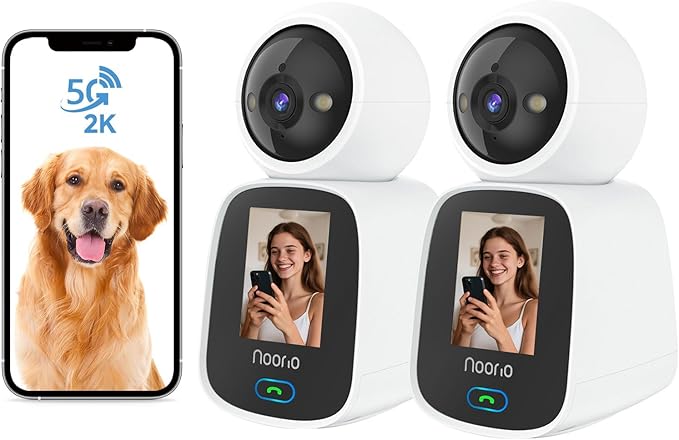 Noorio 5G Two Way Video Calling Camera, One Click Call 2K Pet Camera with Phone App, 360° PTZ Dog Cam with Speaker, Color Night Vision, 2.4 Inch Screen, CL200 2Pcs