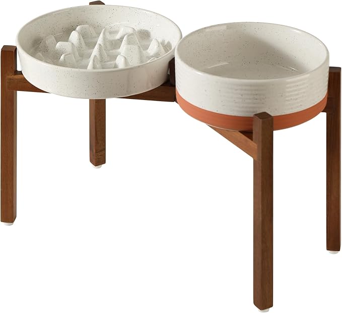 Ceramic 3.2 Cup Raised Slow Feeder Dog Bowl Set, Elevated 8.2inch Bowl and 9.5inch Slow Feeder Dish with Acacia Wood Stand for Large Dog (2 x Vanilla White+ Stand)