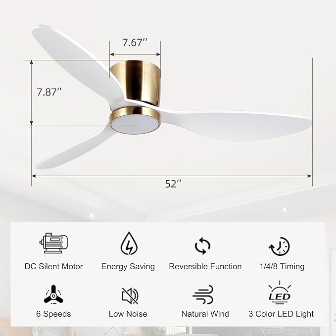 reiga 52 Inch Flush Mount White Ceiling Fan with Light Remote Control, Quiet DC Motor Low Profile 3 Wood Blade Modern Ceiling Fans for Patio Kitchen Living Room Bedroom
