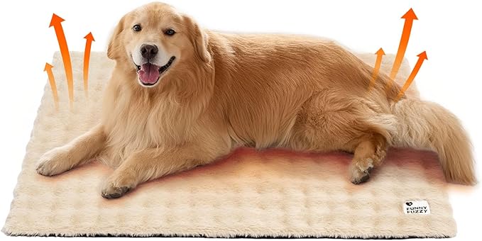 FUNNY FUZZY Self Heating Dog Bed, Waterproof Self Warming Pad for Cats & Dogs, Cozy Plush Warm Pet Mat with Removable Washable Cover - ThermoPad, 39.4"×29.5", Khaki
