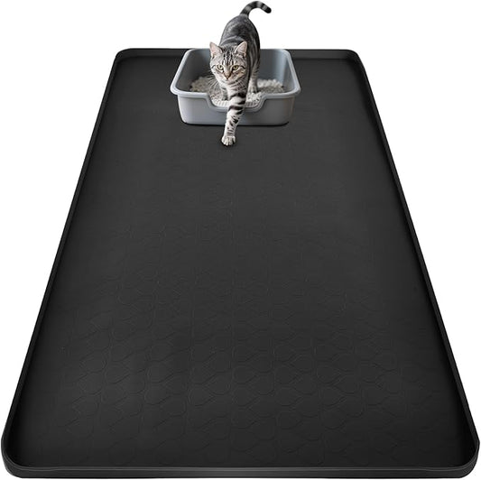 SpaceTime 34"X22" Large Cat Litter Mat Litter Trapping Mat for Cat,XL Litter Box Mat for Kitty,Waterproof & Urine Proof Extra Large Silicone Pad for Floor,Non-Slip,Raised Edges (Silicone-Black)