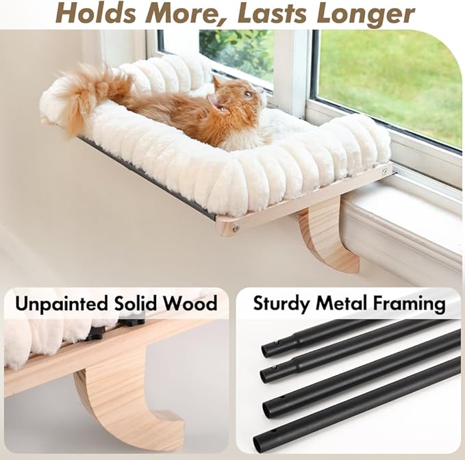 Cloud-Soft Cat Window Sill Perch with Zipper Designed Cushioned Bed, Supportive Cat Window Seat with Premium Solid Wood & Sturdy Metal Frame, Pet Hammock Bed for Large Cats (Medium, White)