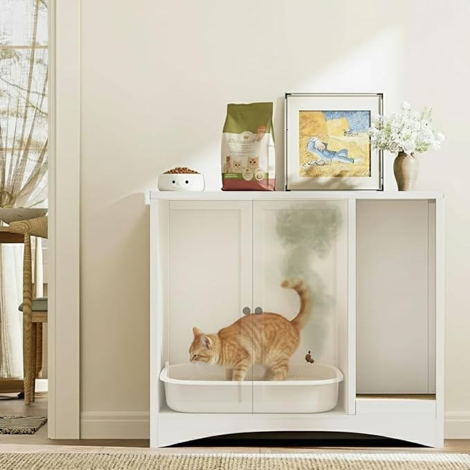 AUN Cat Litter Box Enclosure Hidden Cabinet, Easy Clean Steel Frame Pet House Furniture, Cat Washroom with Curved Entry, Dog-Proof, White, 31.5x19.6x27.5 Inches, Indoor Use