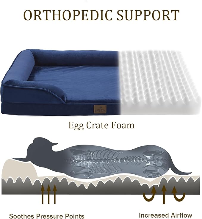 Bedfolks Orthopedic Dog Bed, Waterproof Dog Sofa Bed for Large Dogs, Egg Foam Pet Couch Bed with Removable Washable Cover and Nonslip Bottom, Navy Blue