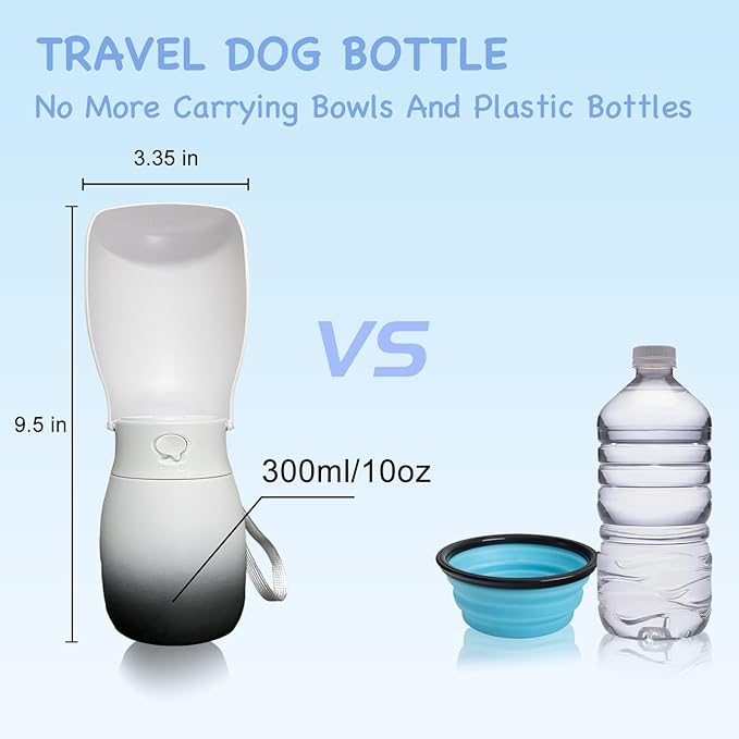 Portable Dog Water Bottle, Food Grade Plastic Dog Travel Water Bottle, Leak-Proof Puppy Water Bowl Dispenser for Outdoor, Dog Walking Accessories, Gifts for Dogs(10Oz, Black&White)