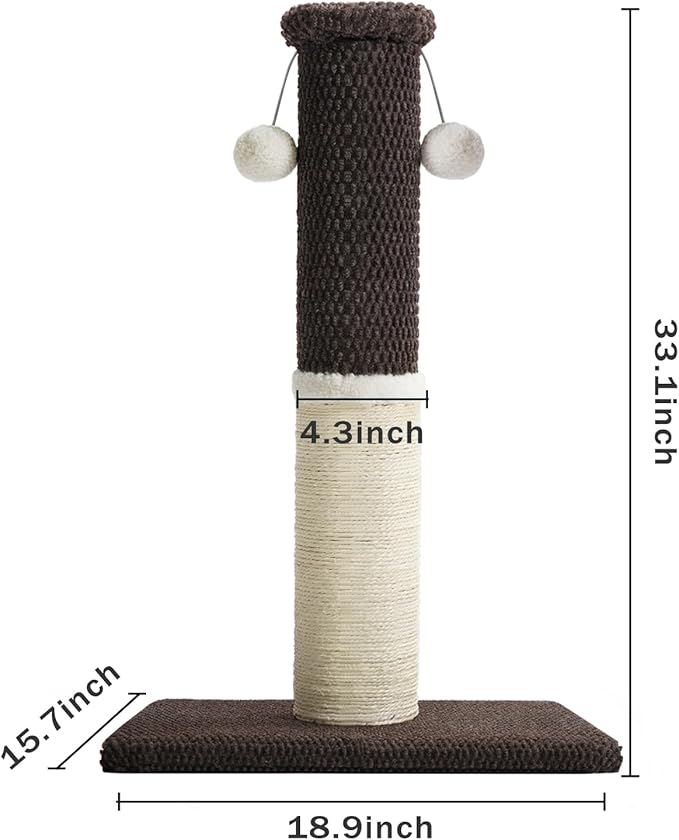 Made4Pets Tall Cat Scratching Post, Heavy Duty and Thicker Scratching Posts for Indoor Cats Adults, 33" Natural Sisal Cat Scratcher with Hanging Balls, Sturdy Base Cat Scratch Post, Brown