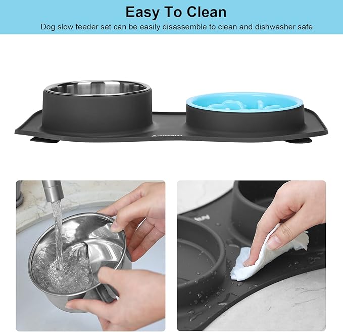 Slow Feeder Dog Bowls 3 in 1 Stainless Steel Food and Water Bowls with Non-Spill and Skid Silicone Mat to Slow Down Eating for Large Medium Small Breed Size Dogs and Cats