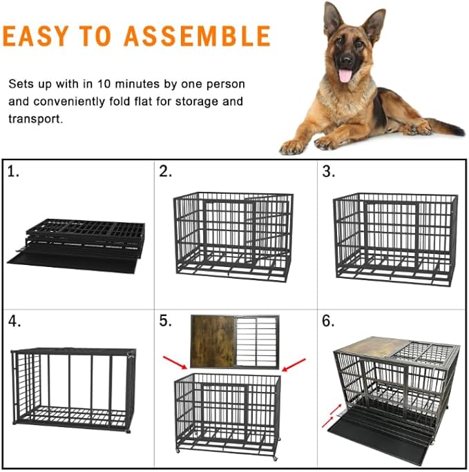 54/48/42/38 Inch Heavy Duty Funiture Dog Crate with Wheels, Indestructible and Escape Proof Wooden Kennel Indoor for High Anxiety Dogs with Lockable Weels and Tray, Extra Large XL XXL