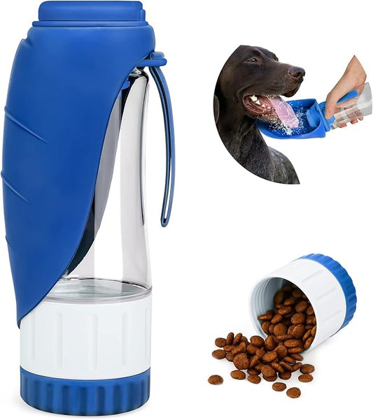 Upgraded Dog Water Bottle, Portable Dog Cat Puppy Pet Water Dispenser Feeder with Drinking Cup and Food Container Leak Proof for Outdoor Walking, Travel, Hiking 12OZ Blue