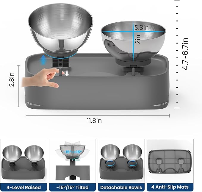 Elevated Cat Bowls, 4 Height Adjustable Cat Food Bowl Stainless Steel, Raised Dog Cats Bowls Elevated Pet Food and Water Bowl, Non-Slip Tilted Pet Feeder Anti Spill for All Cats Puppies