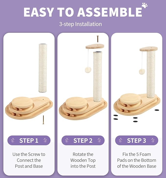 Made4Pets Cat Scratching Post Cat Scratcher Kitten Toys for Indoor Cats Wooden Ball Track Two-Layer Modern Sisal 17.7" Tall Scratch Post Interactive Toy with Dangling Ball