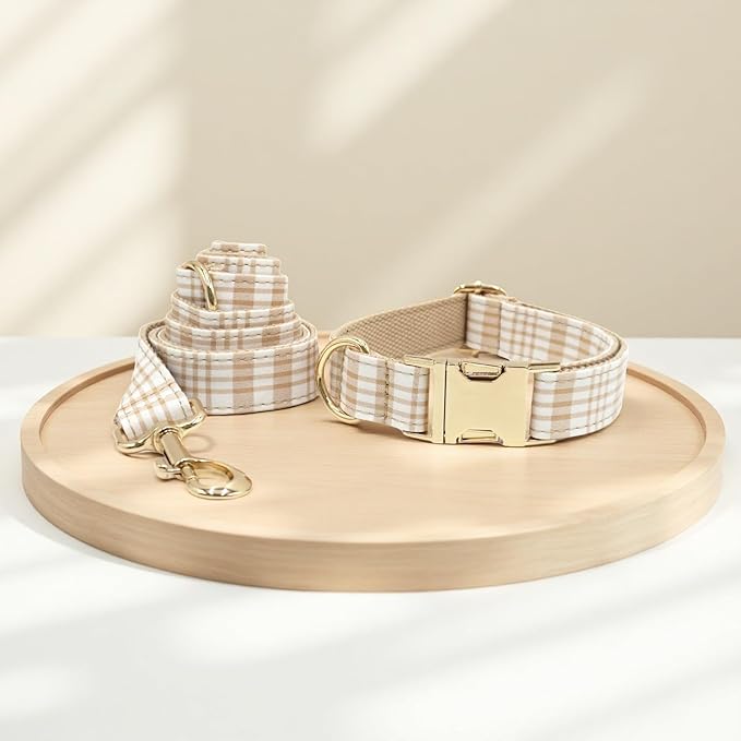 PETDURO Personalized Dog Collar Light Brown Plaid for Large Medium Dogs | Engraved Name and Phone Number on Gold Metal Buckle for Boys & Girls | Add Leash & Bow Tie via Customize Now