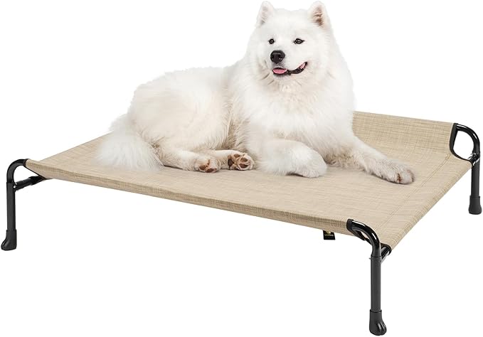 Veehoo Elevated Dog Bed, Raised Dog Cots for Medium Dogs, Waterproof Outdoor Dogs Bed, Cooling Pet Hammock with Guardrail, Upgraded Non-Slip Feet, Breathable Teslin Mesh, Beige Coffee,35x 22 inches