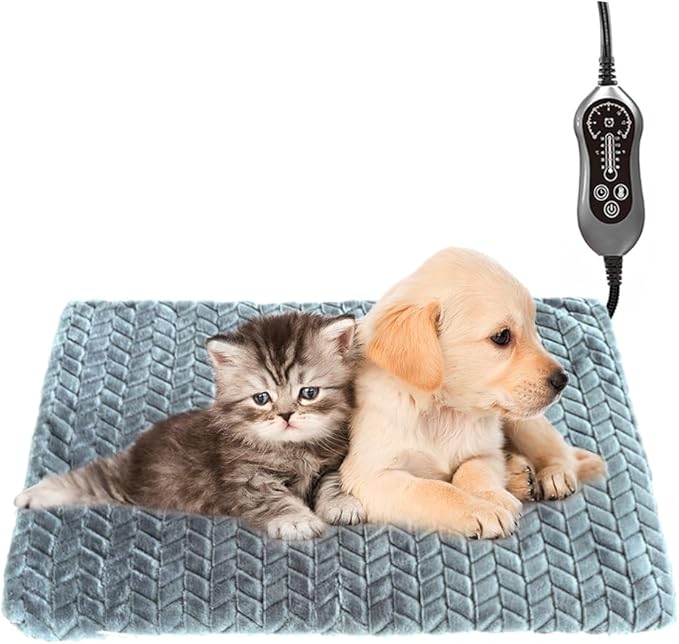 Pet Heating Pad for Cats Dogs Temperature Adjustable Heated Cat Bed Warmer with Timer Auto Off Heavy Duty Chew Resistant Cord Waterproof Warming Blanket Mat for Puppy Kitten (Grey, 15X18``)