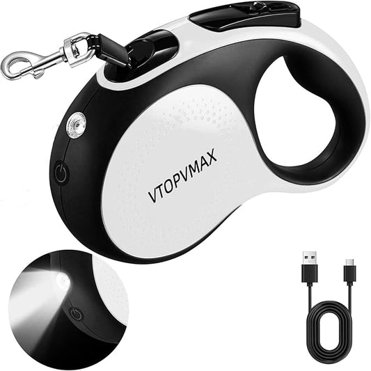 16Ft Retractable Dog Leash - for Small to Medium Dogs Up to 66lbs, Heavy Duty Retractable Leash with Light Rechargeable, Quick Lock Braking & Non-Slip Handle (White)
