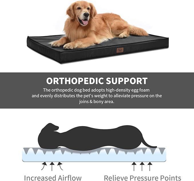 Outdoor Extra Large Dog Crate Bed, XXL Waterproof Dog Bed for Giant Breeds Dogs, 47x29 Inch Orthopedic Egg Crate Foam Pet Mat with Removable Cooling Cover, Black