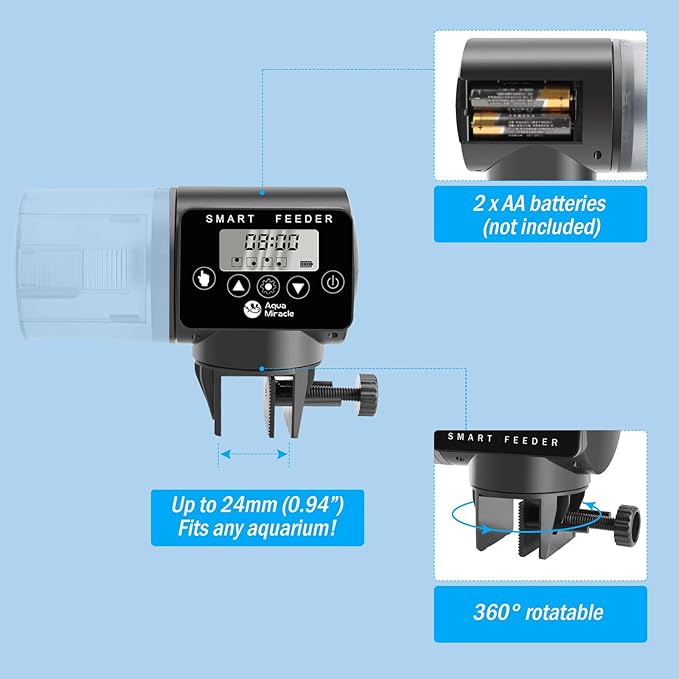 AquaMiracle Programmable Automatic Fish Feeder for Aquarium, Auto Fish Food Dispenser with Timer, Volume Adjustable Vacation Aquarium Feeder with Digital Display, for Granules Pallets Strips
