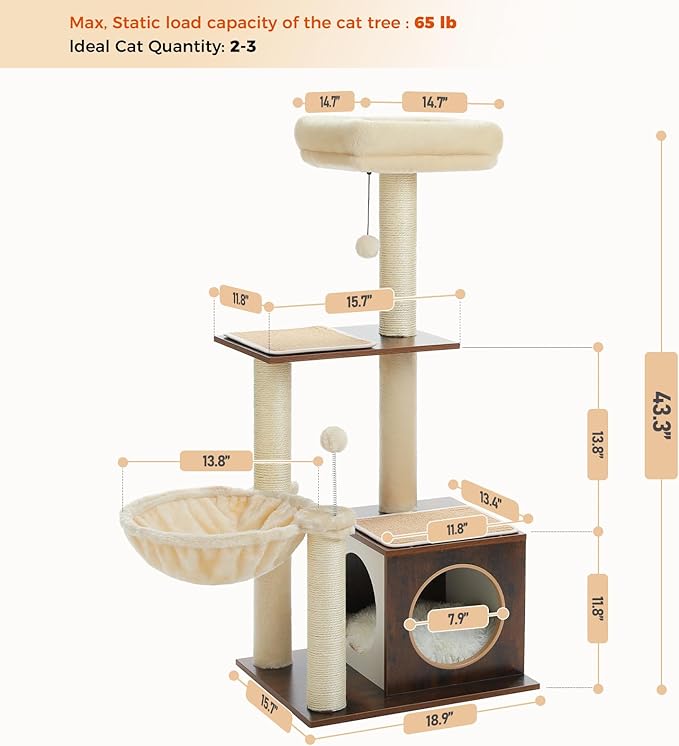 Modern Cat Tree for Indoor Cats, Small Cat Tower with Cat Condo, Scratching Posts, Top Perch and Metal Frame Hammock, Wooden Play House with Anti-Slip Mat, Brown