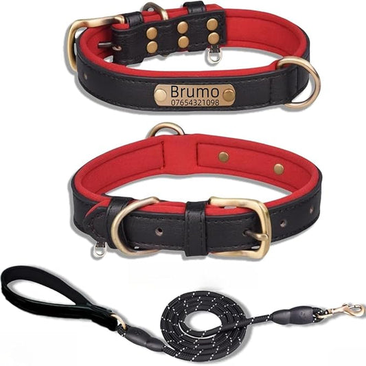 Leather Dog Collar Personalised and Leash Set, Personalized with Soft Padded Design Heavy Duty Featuring Custom Engraved Name Plate for Small Medium and Large Dogs