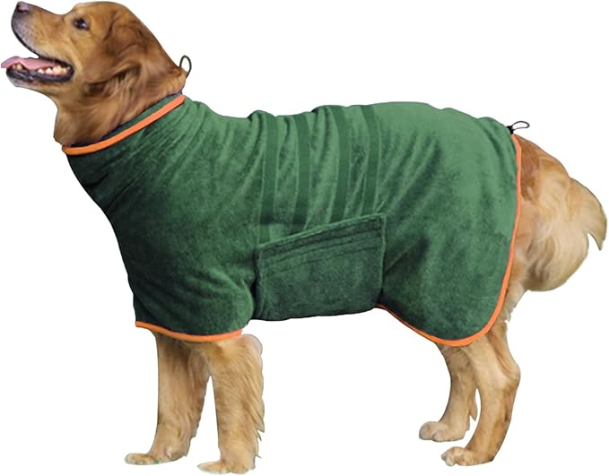 Dog Drying Coat - Fast Drying Dog Towel Robe - Microfiber Super Absorbent Pet Bathrobe, Adjustable Collar & Belly Strap Coat Pet Bath Robe Towel (Medium, Green)