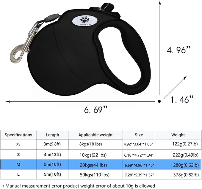 16 ft Retractable Dog Leash for Large Dogs up to 44 lbs,Tangle-Free Nylon Tape,Black M