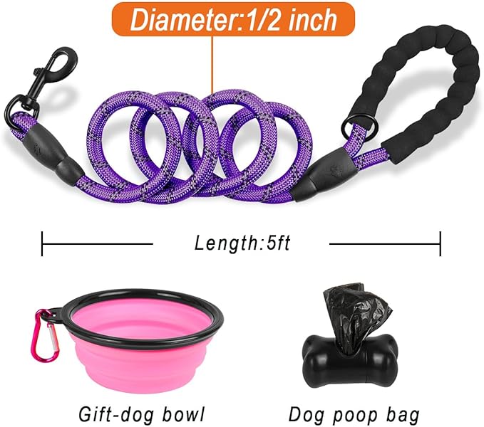 BARKBAY Dog Leashes for Large Dogs Heavy Duty Dog Leash 4/5/6 FT with Comfortable Padded Handle and Highly Reflective Threads for Medium Large Dogs Walking Training Running (5FT-1/2'',Purple)