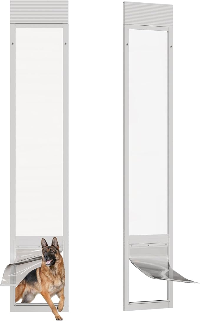 Dog Door for Sliding Glass Doors, Adjustable Height 91"-95 9/16" Aluminum Frame Tempered Sliding Door Dog Doors Insert with Lock,XL Transparent 10" x 15" Flap Size for Large Dogs