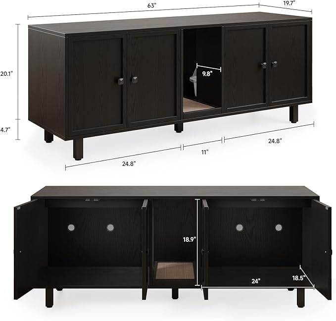 ONBRILL 63 Inches Cat Litter Box Enclosure for 2 Cats, Hidden Litter Boxes Furniture with Cat Scratch Pad, Large Indoor Pet House with Double Room, Wooden TV Stand Side Table, Black
