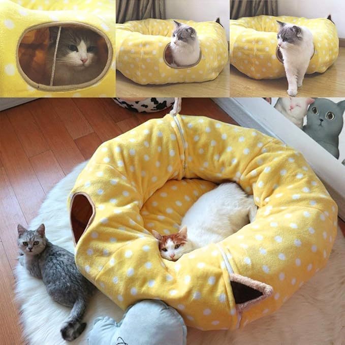 AUOON Cat Tunnel Bed - Christmas Tree Cat Tunnel, Cat Donut Tunnel with Soft Plush Circle Cushion for Indoor Cats Kitten Kitty Puppy Rabbit Ferret (Yellow)