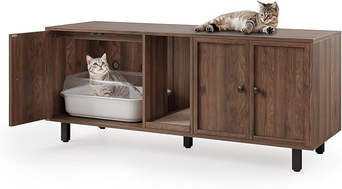 59 Inches Cat Litter Box Enclosure for 2 Cats, Hidden Litter Boxes Furniture with Cat Scratch Pad, Large Indoor Pet House with Double Room, Wooden TV Stand Side Table, Walnut